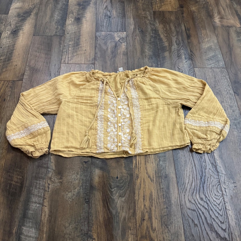 American Eagle Womens L Mustard Yellow Boho Embroidered Eyelet Lace Crop Top